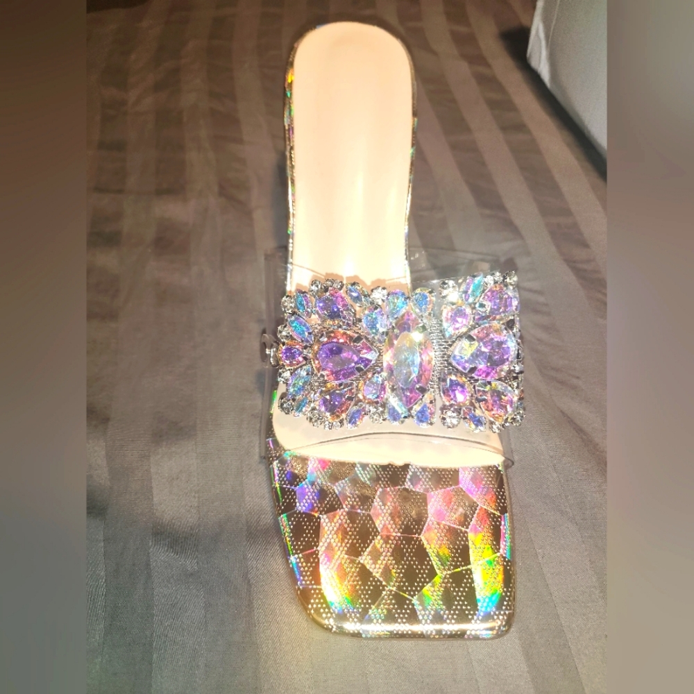 Holographic Heeled Sandals with Gem Embellishments